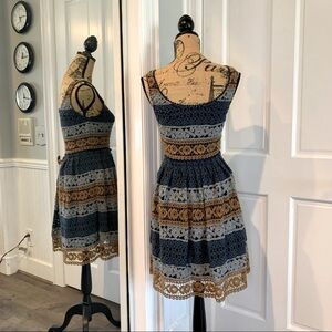 Maeve Anthropologie Striped Tri Color Knee Mini Floral Lace Crochet Dress 0